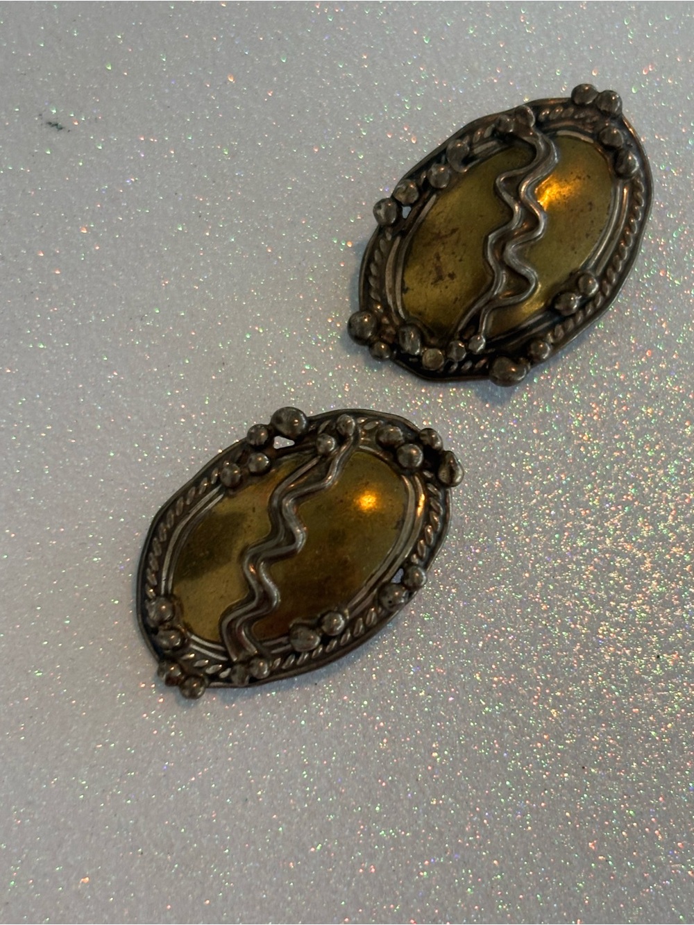 Vintage Two-Tone Artisan Sterling and Brass Clip Earrings